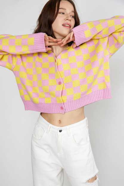 Aniceta Yellow Checkerboard Cardigan