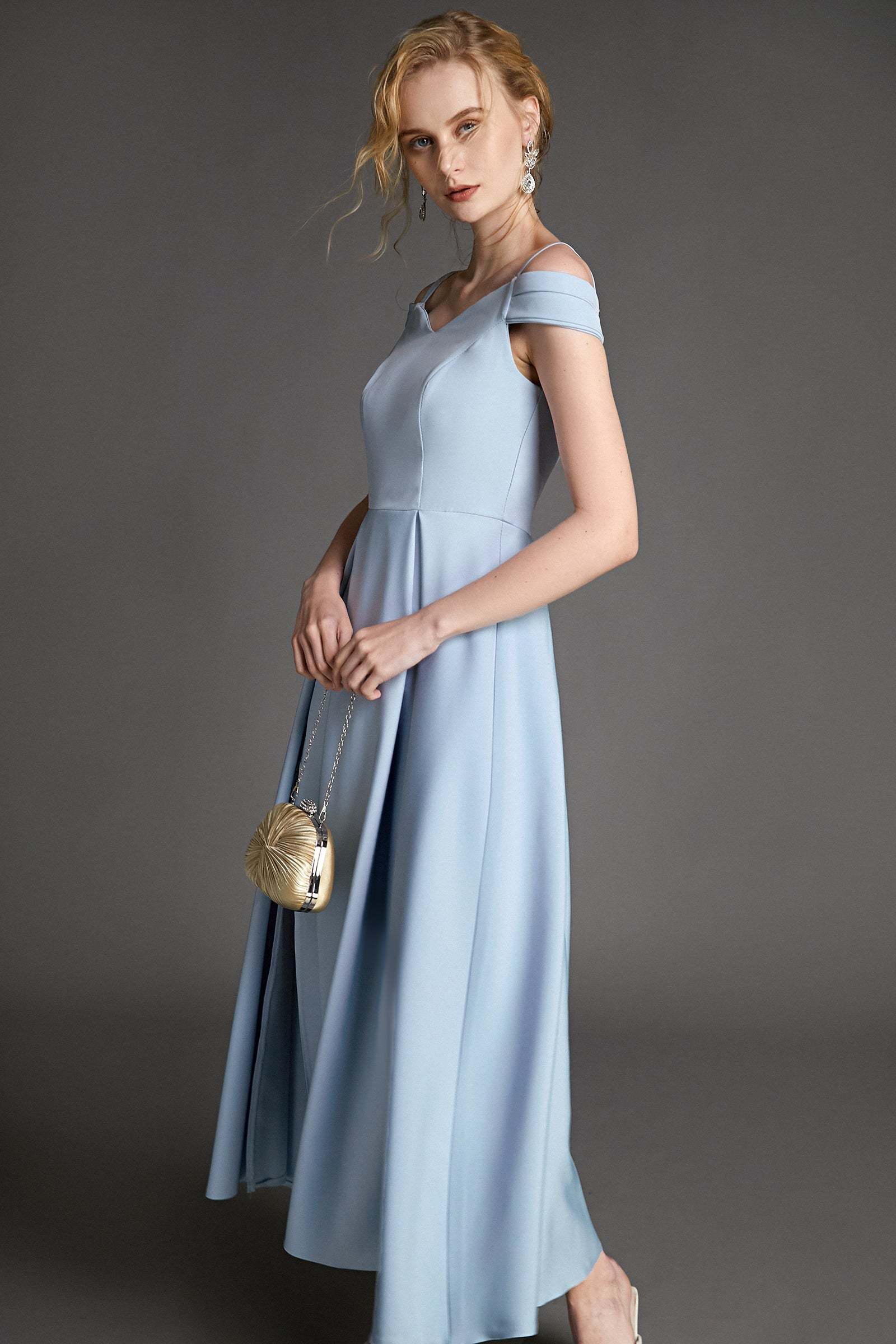 Light Blue Off-the-Shoulder Pleated Side Slit Maxi Evening Dress