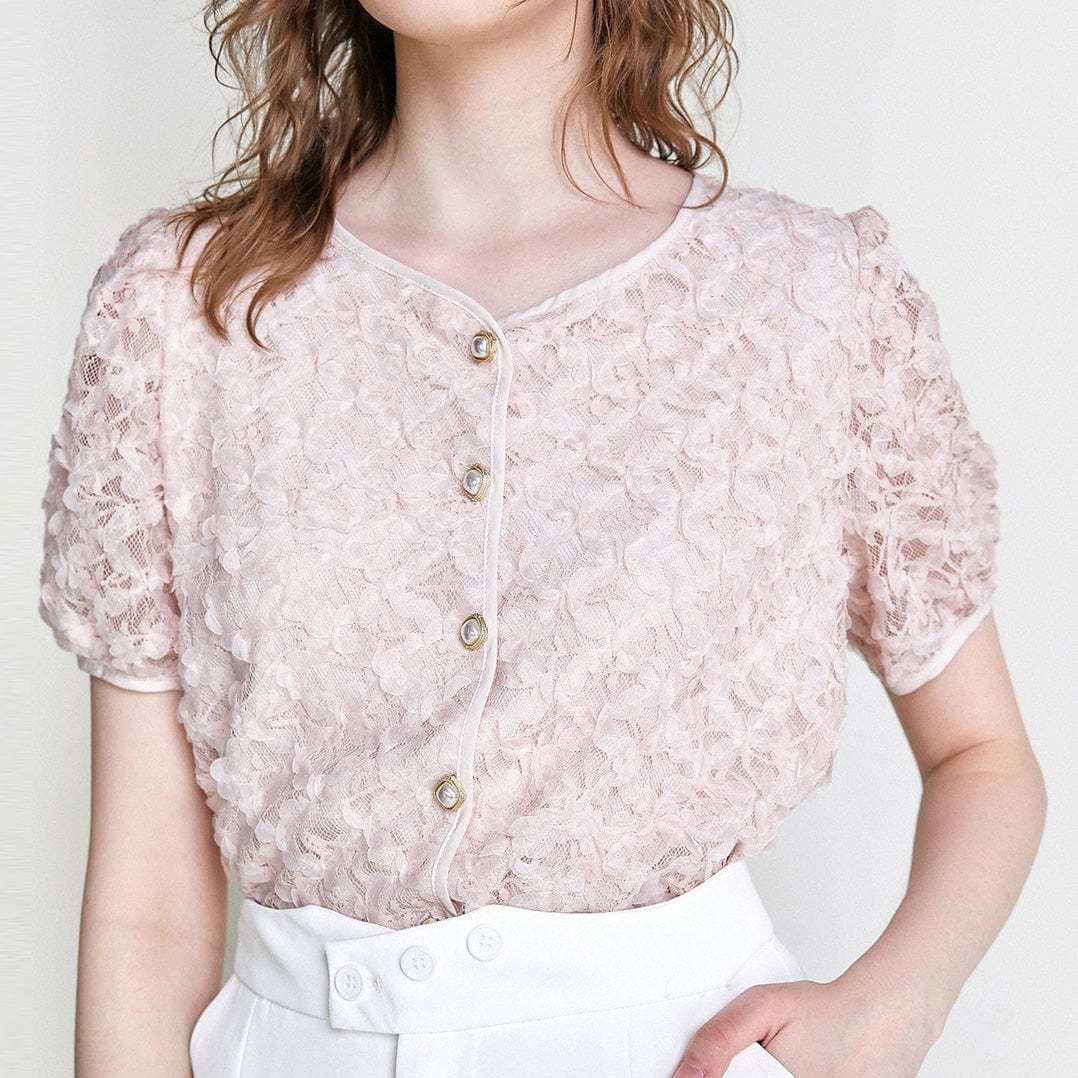 Pink Textured Floral Button Front Blouse-J.ING