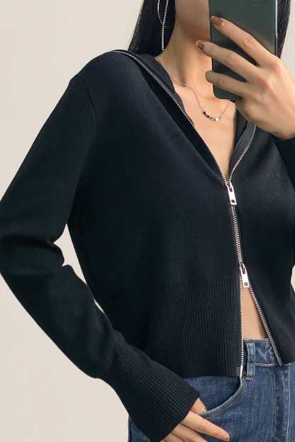 Black Wool-Blend Collared Zip-Up Cardigan
