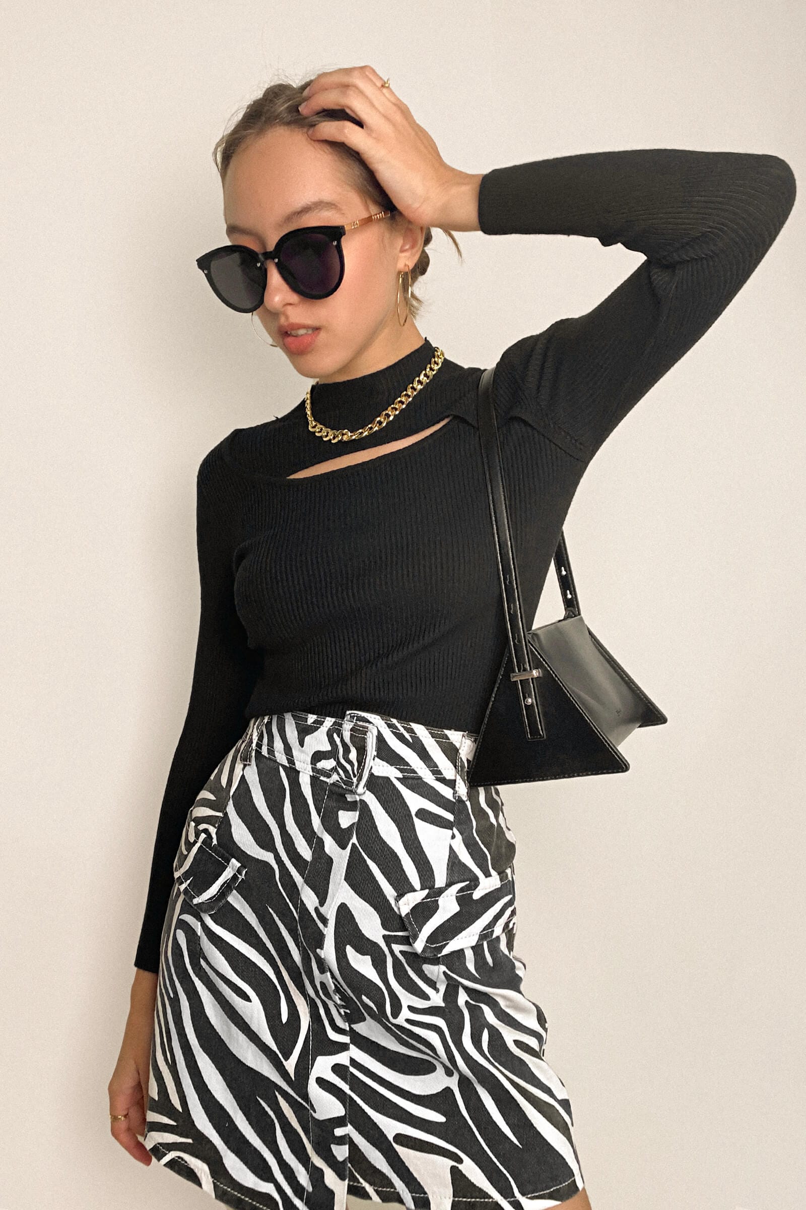 Black Mock Neck Front Cut Out Ribbed Knit Sweater