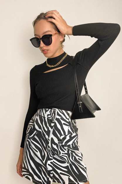 Black Mock Neck Front Cut Out Ribbed Knit Sweater