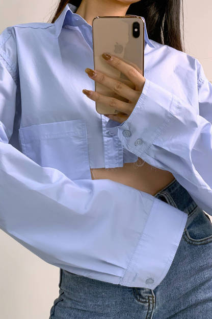 Light Blue Pocket Detail Cropped Shirt