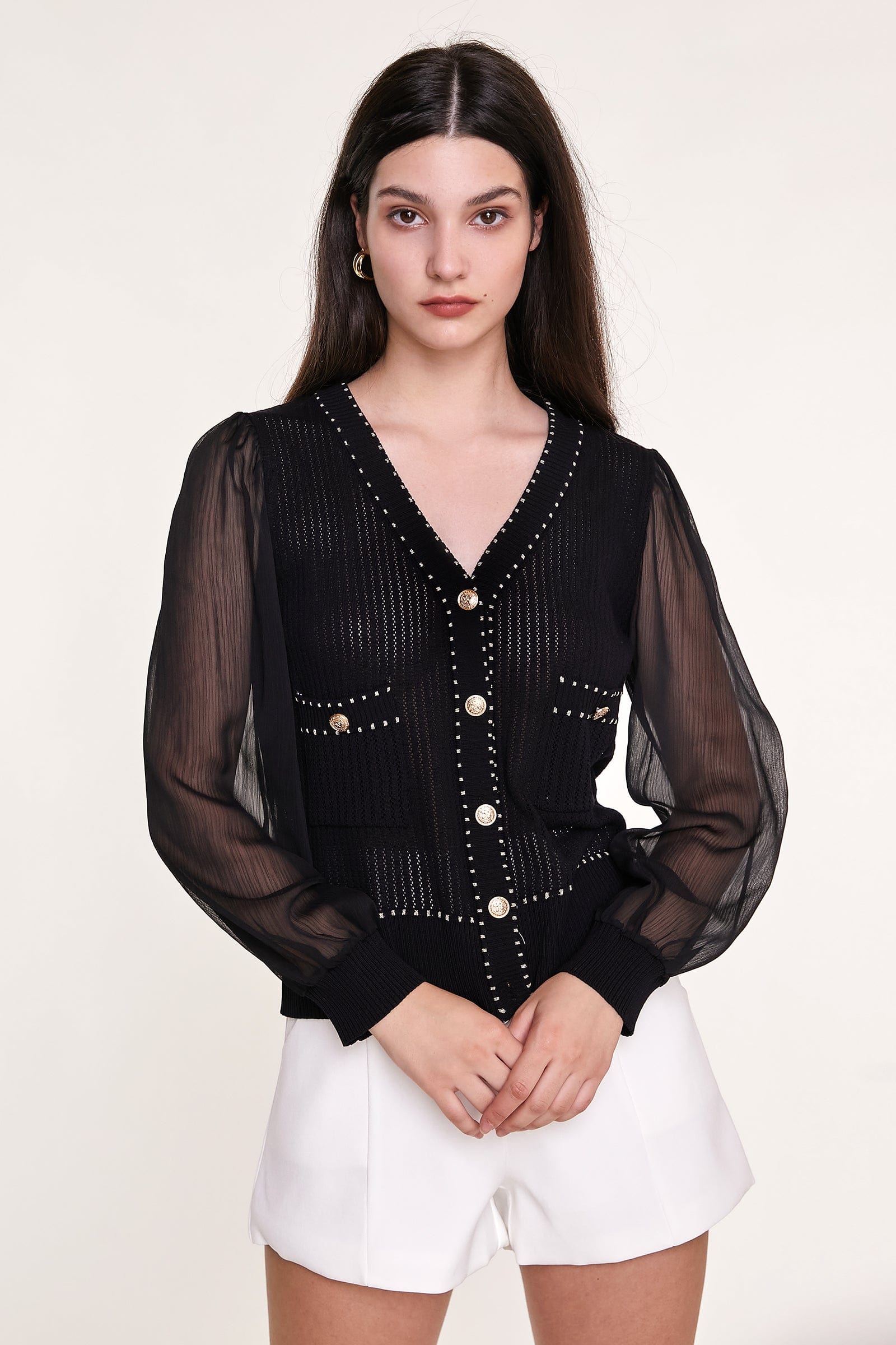 Black Sheer Long Sleeve Pointelle-Knit Cardigan With Gold Buttons