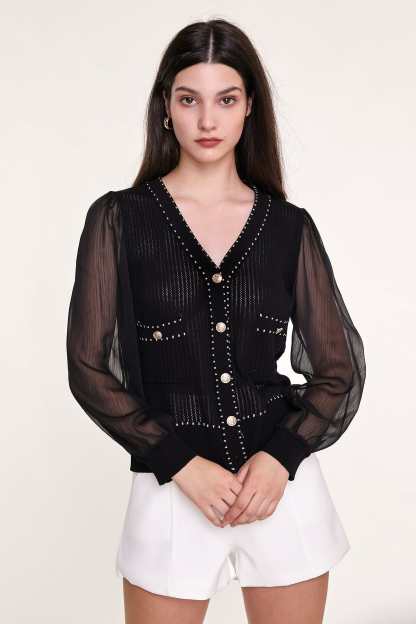 Black Sheer Long Sleeve Pointelle-Knit Cardigan With Gold Buttons