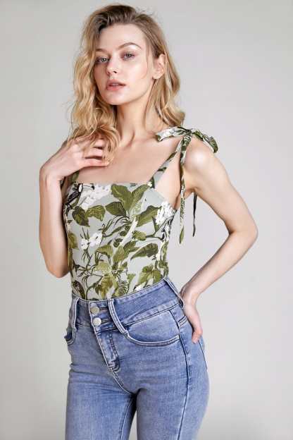 Dark Olive Green Printed Tie-Strap Tank Top