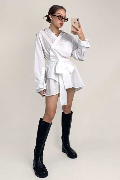 White Wrap-Effect Tie Waist Button-Up Mini Shirt Dress