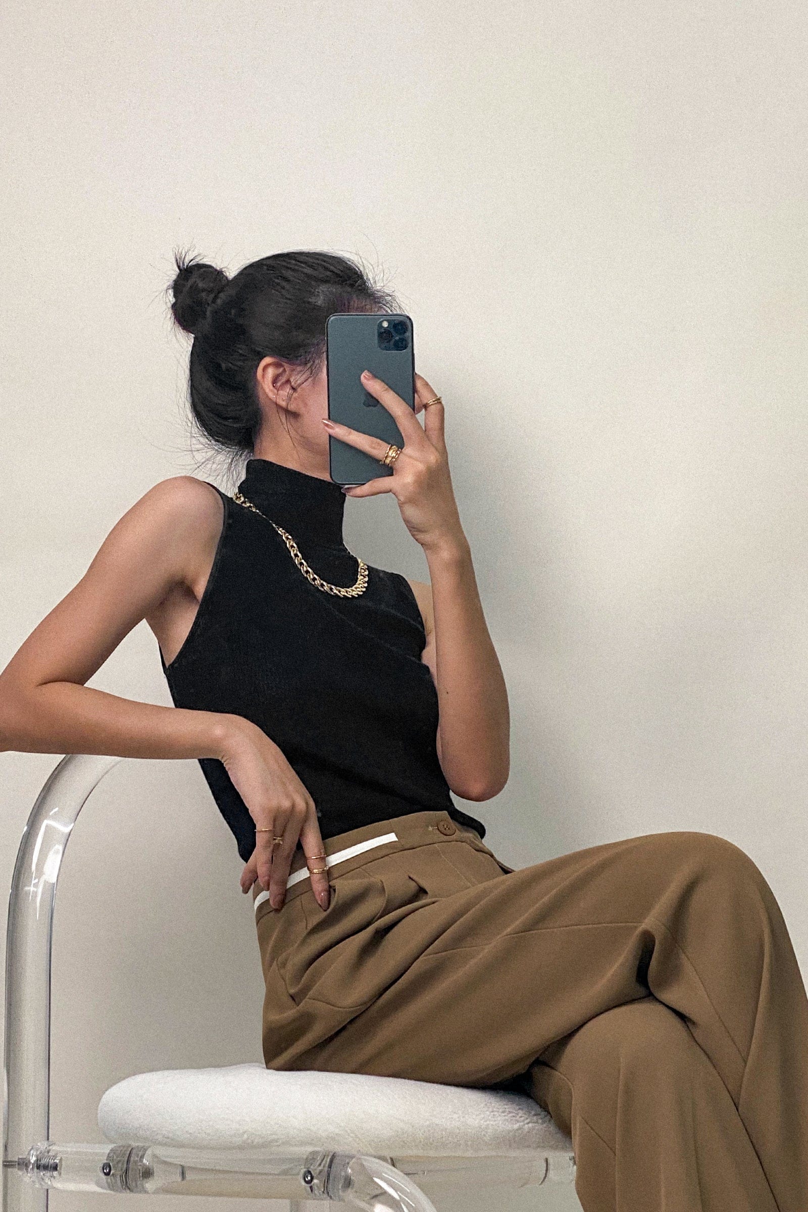 Dark Khaki Contrast Strap Detail Wide Leg Work Pants-J.ING