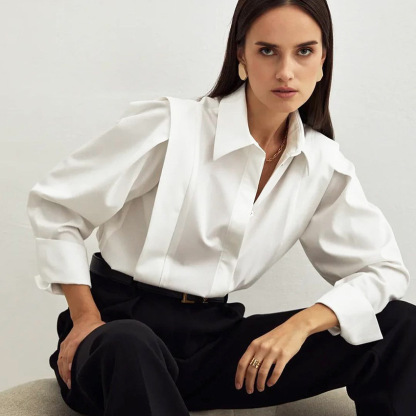 Autumn New Right-Angle Shoulder White Shirt Commuter Temperament Design Sense Niche Long-Sleeved Shirt