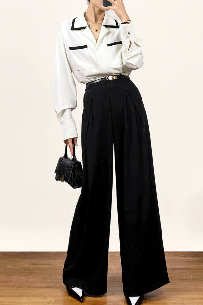 Contrast Trim Notched Lapels Button-Up Blouse