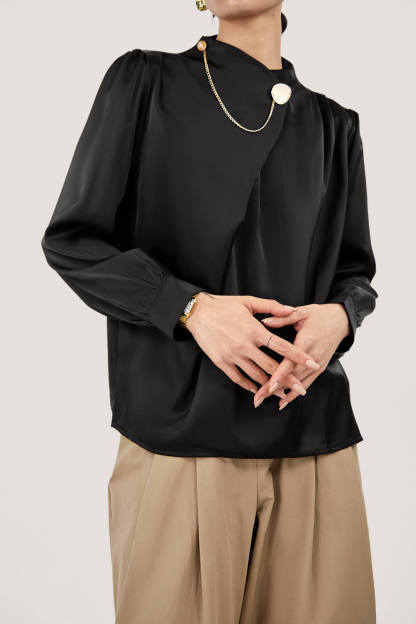 Black Mock Neck Ornamental Lantern Sleeve Blouse