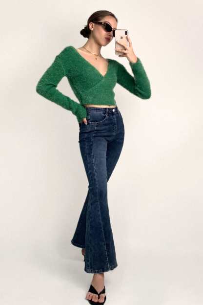 Green Mohair Fuzzy Surplice Cropped Sweater
