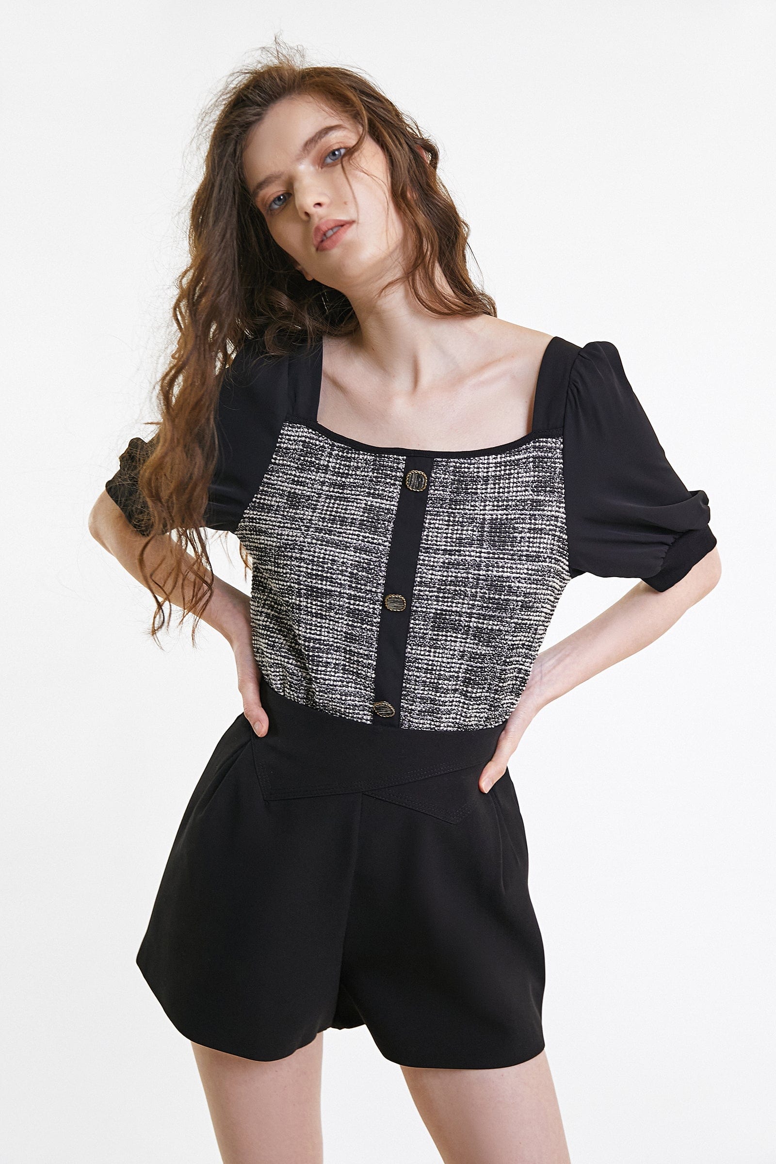 Black Tweed Square Neck Button Detail Puff Sleeve Blouse