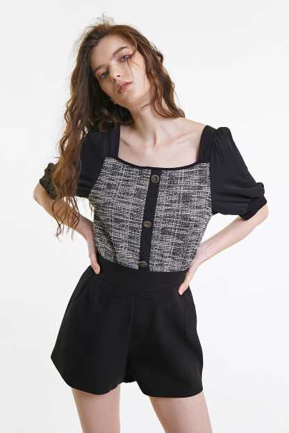 Black Tweed Square Neck Button Detail Puff Sleeve Blouse