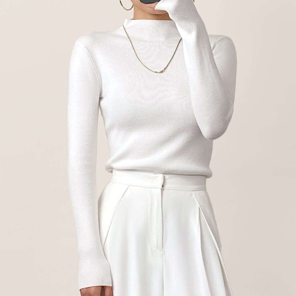 White Basic Ribbed Knit Mock Neck Sweater
