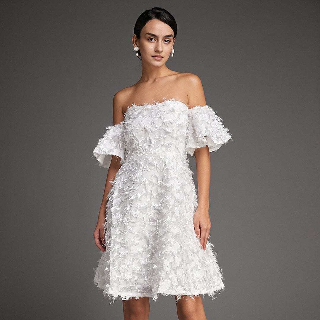 White Off-the-Shoulder Feather Mini Dress-J.ING