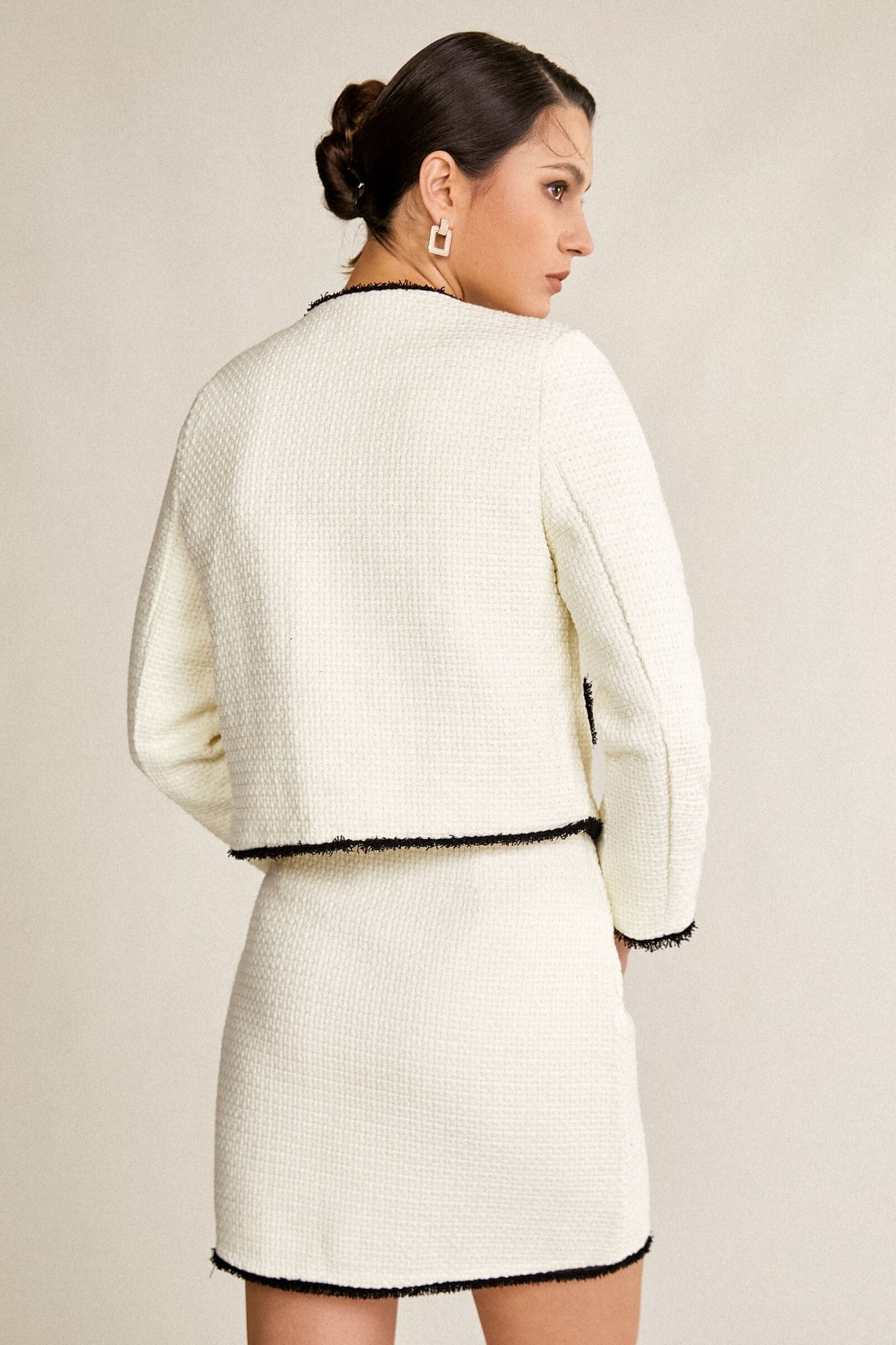 White Contrast Frayed Trim Tweed Jacket & Mini Skirt Two-Piece Set