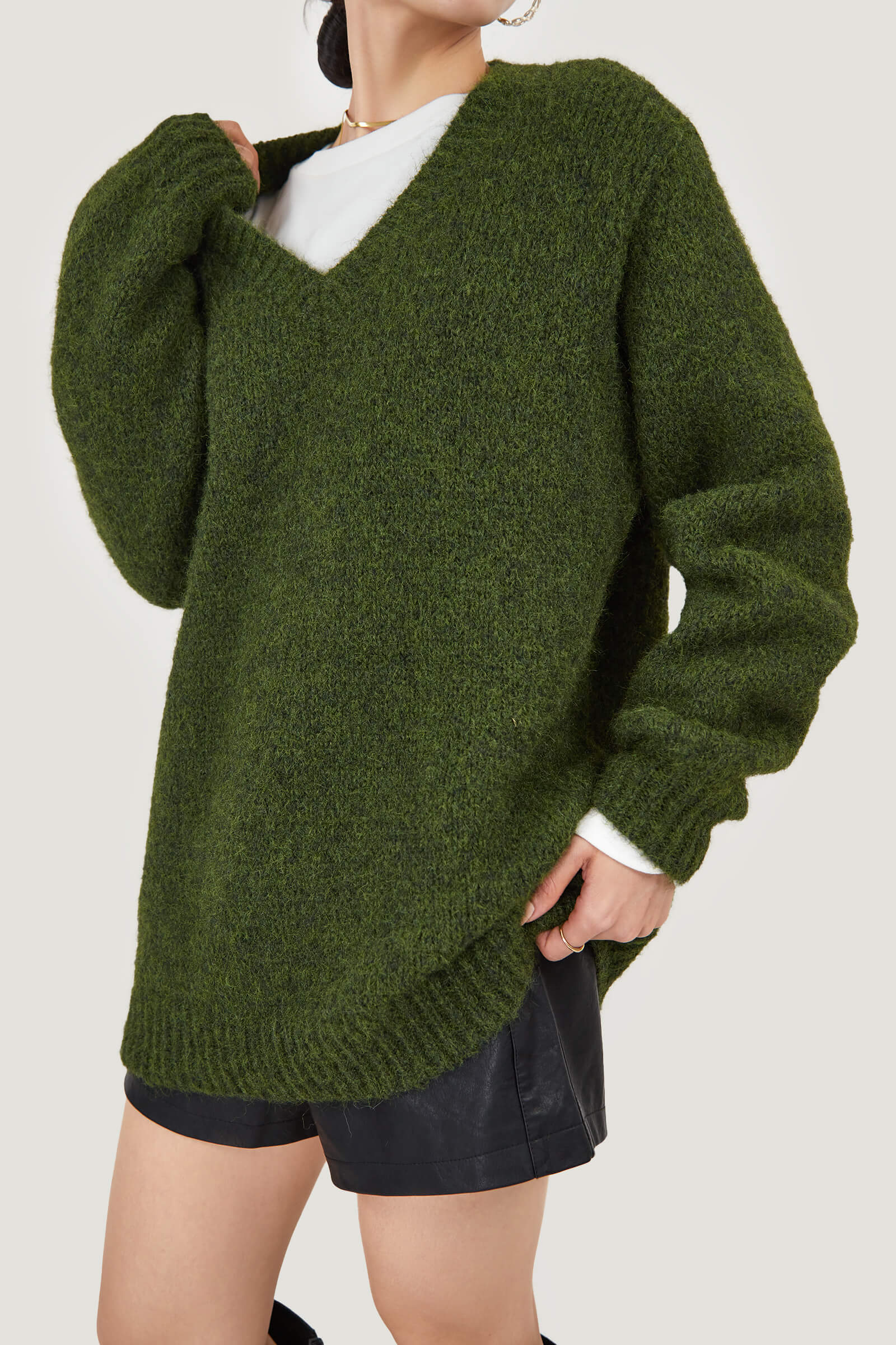Dark Olive GreenFuzzy Knit V-Neck Oversized Sweater