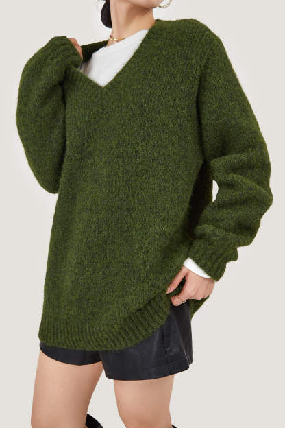 Dark Olive GreenFuzzy Knit V-Neck Oversized Sweater