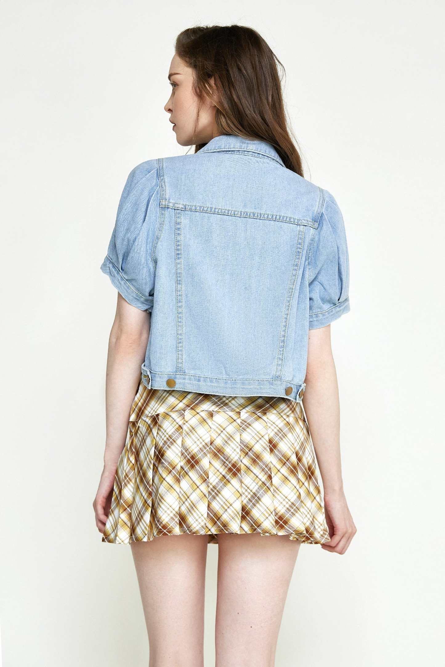Light Slate Gray Puff Sleeve Pocket Detail Cropped Denim Jacket