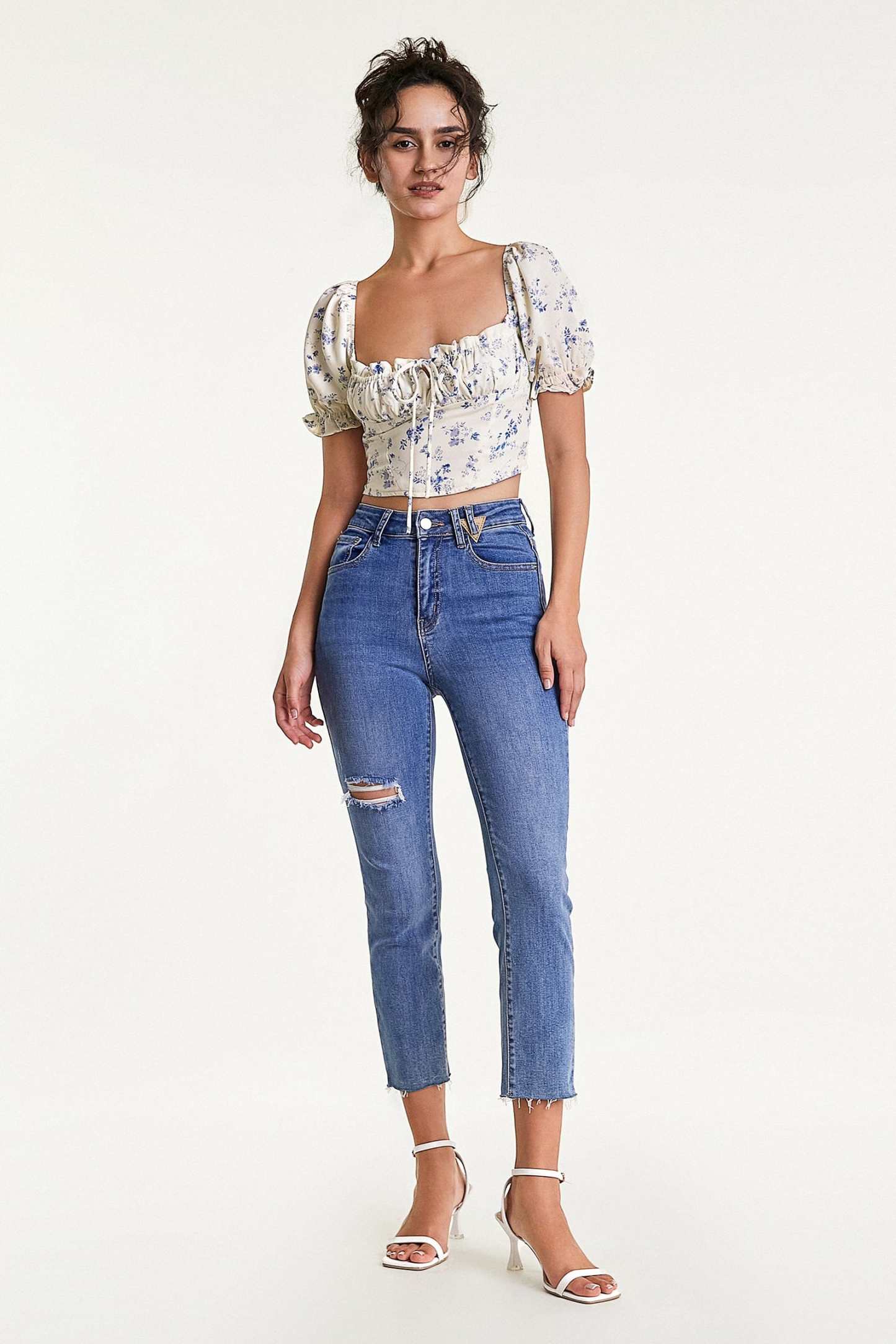Ivory Floral Print Square Neck Cropped Blouse