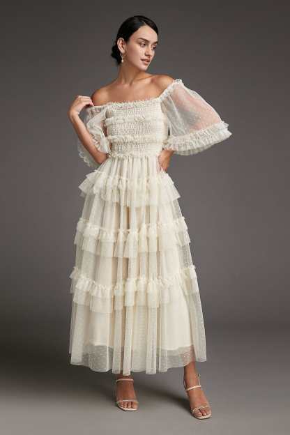 Beige Swiss Dot Mesh Ruffle Tiered Midi Dress