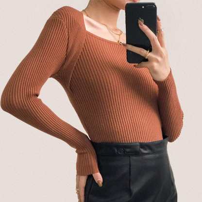 Brown Ribbed Knit Square Neck Sweater