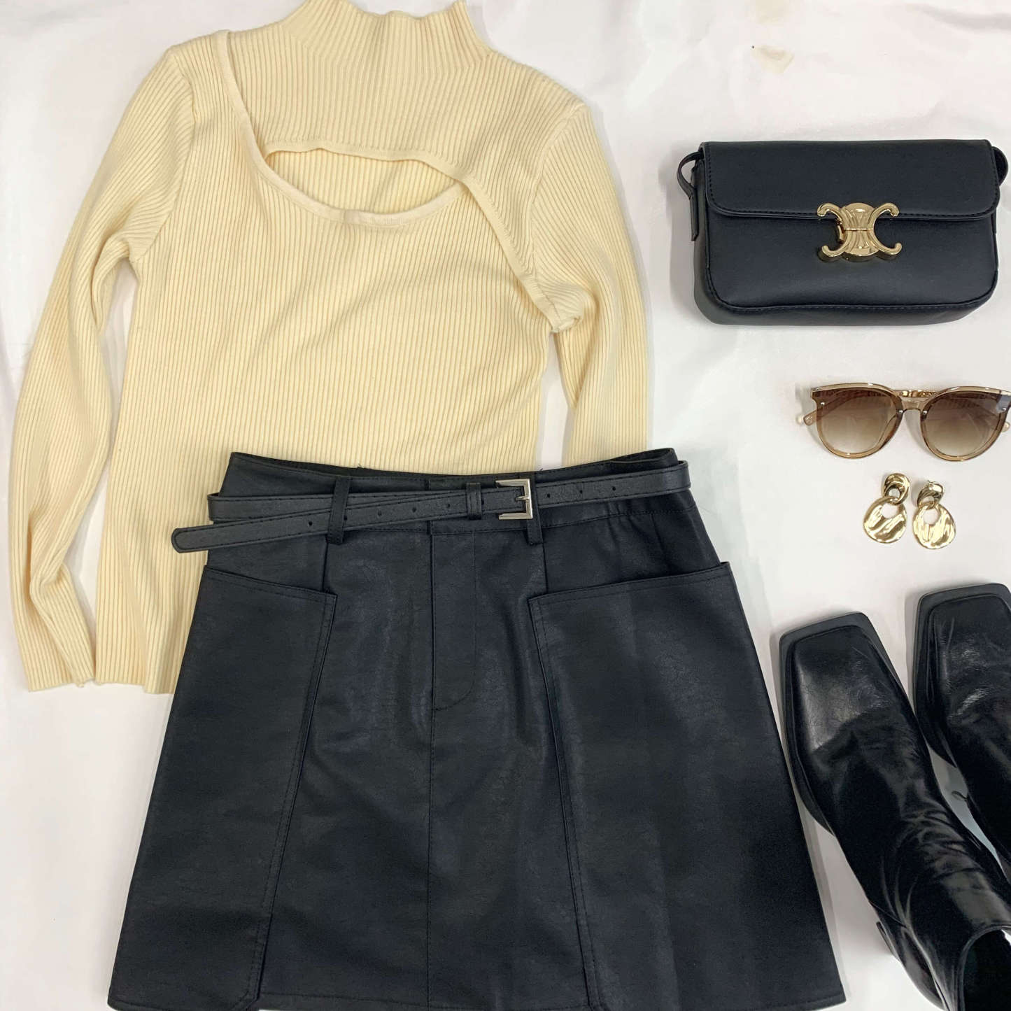 White Mock Neck Front Cut Out Ribbed Knit Sweater