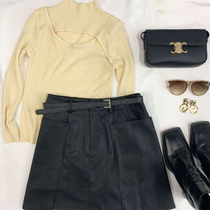 White Mock Neck Front Cut Out Ribbed Knit Sweater