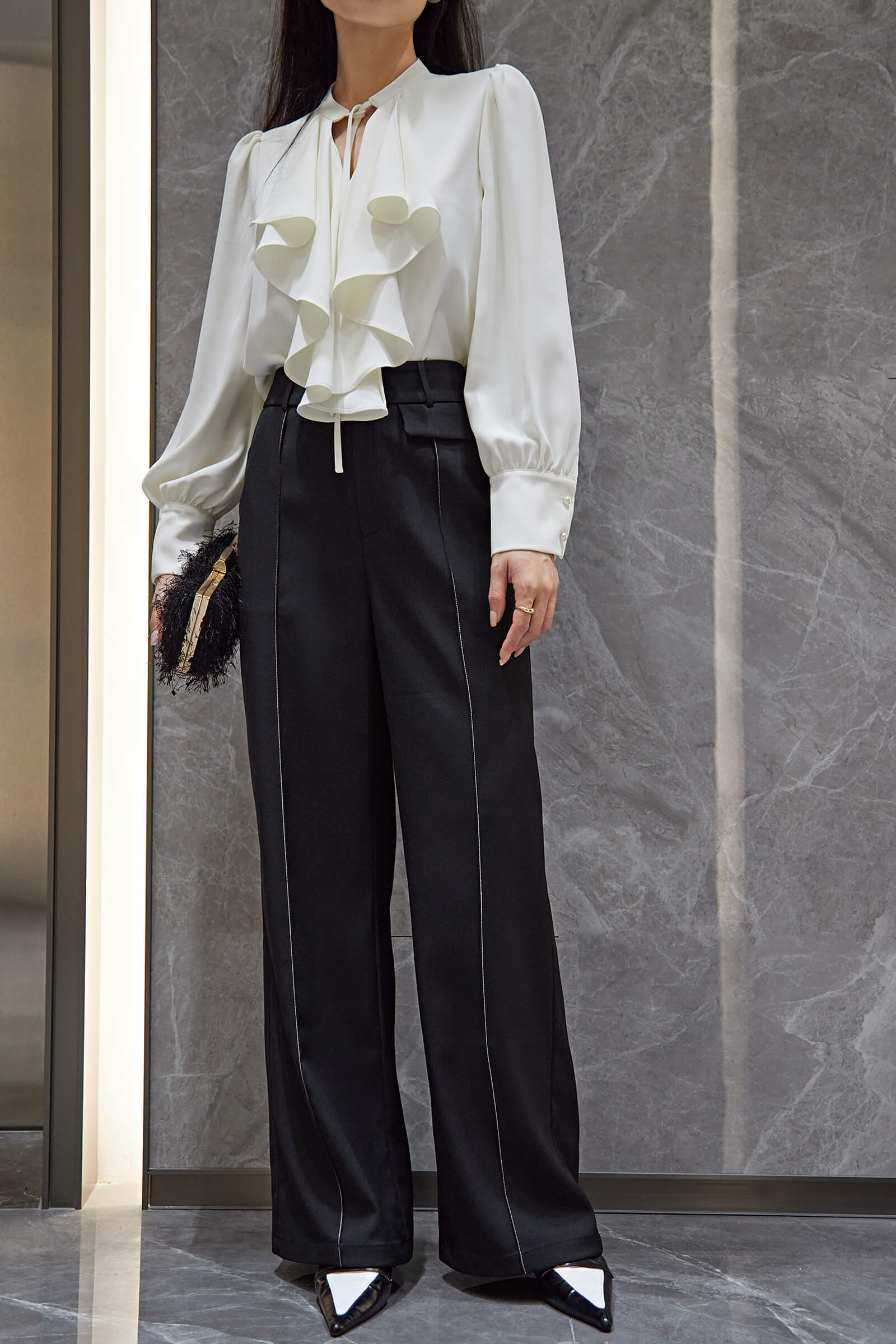 Beige Puffle Front Flounce-Trimmed Long Sleeve Blouse
