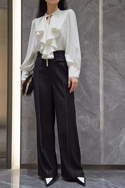 Beige Puffle Front Flounce-Trimmed Long Sleeve Blouse