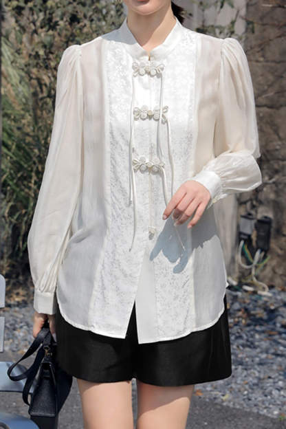Beige Chinese Splice Buckle Shirt
