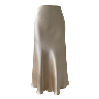 Beige Satin High-Rise A-Line Midi Skirt