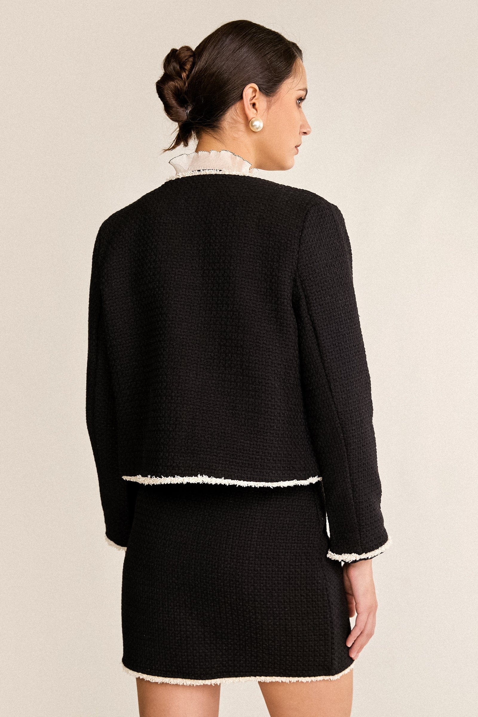 Black Contrast Frayed Trim Tweed Jacket & Mini Skirt Two-Piece Set