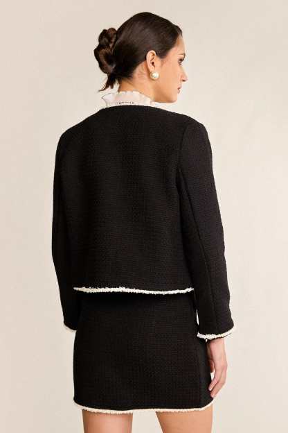 Black Contrast Frayed Trim Tweed Jacket & Mini Skirt Two-Piece Set