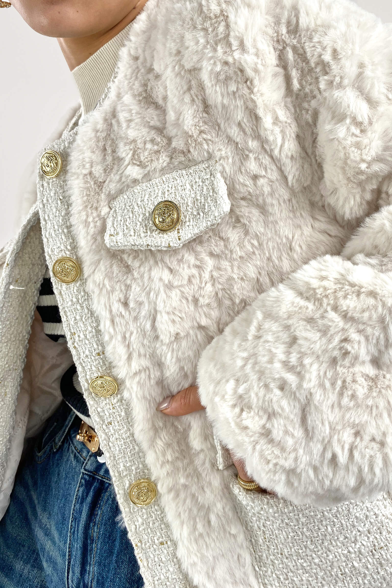 Tweed Crew Neck Pocket Teddy Jacket