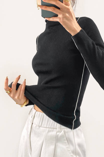 Black Cashmere-Blend Contrast Trim Turtleneck Sweater