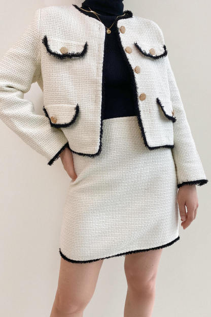 White Contrast Frayed Trim Tweed Jacket & Mini Skirt Two-Piece Set