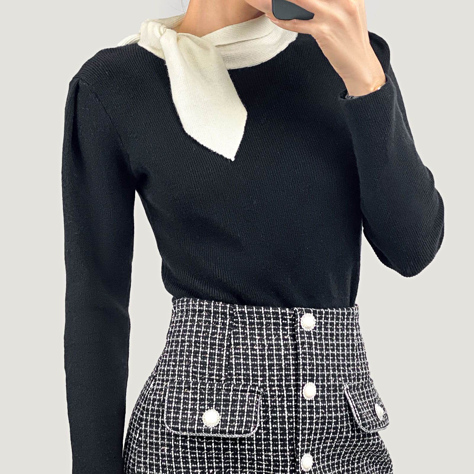 Black Turtleneck Color Block Tie Detail Sweater