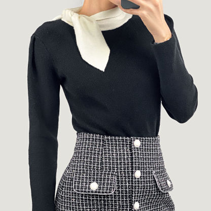 Black Turtleneck Color Block Tie Detail Sweater
