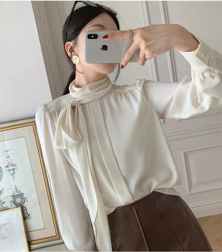 Black Long Sleeve Tie Neck Blouse