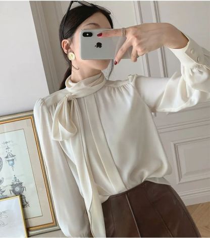 Black Long Sleeve Tie Neck Blouse