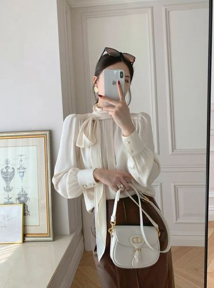 Black Long Sleeve Tie Neck Blouse