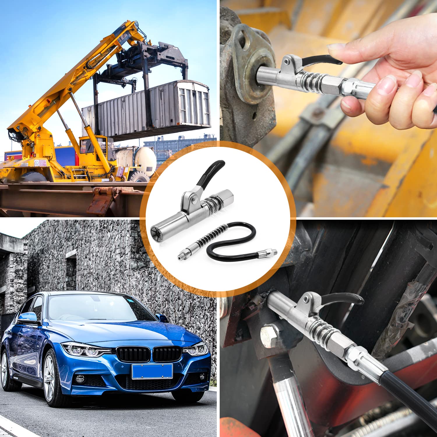 Strong Lock on Grease Couplers with 18 Inch Spring Flex Hose