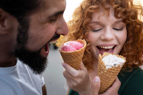 friends having conversation and enjoying ice cream together
