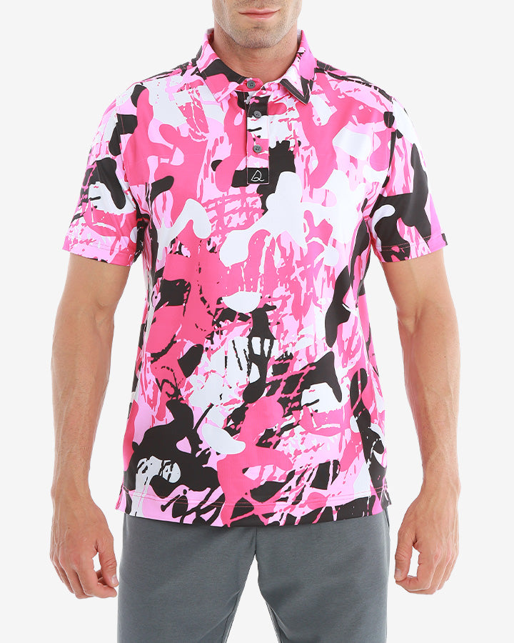 Men Pink And White Camouflage Golf Short Sleeve Polo Shirt-DEOLAX