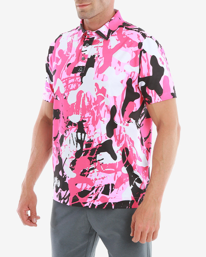 Men Pink And White Camouflage Golf Short Sleeve Polo Shirt