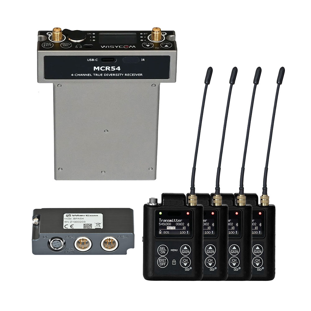 Wisycom MCR54 4-Channel Receiver w/ 4 x MTP61 Transmitters & BPA54 Bottom Plate Quad Kit-Pinknoise Systems