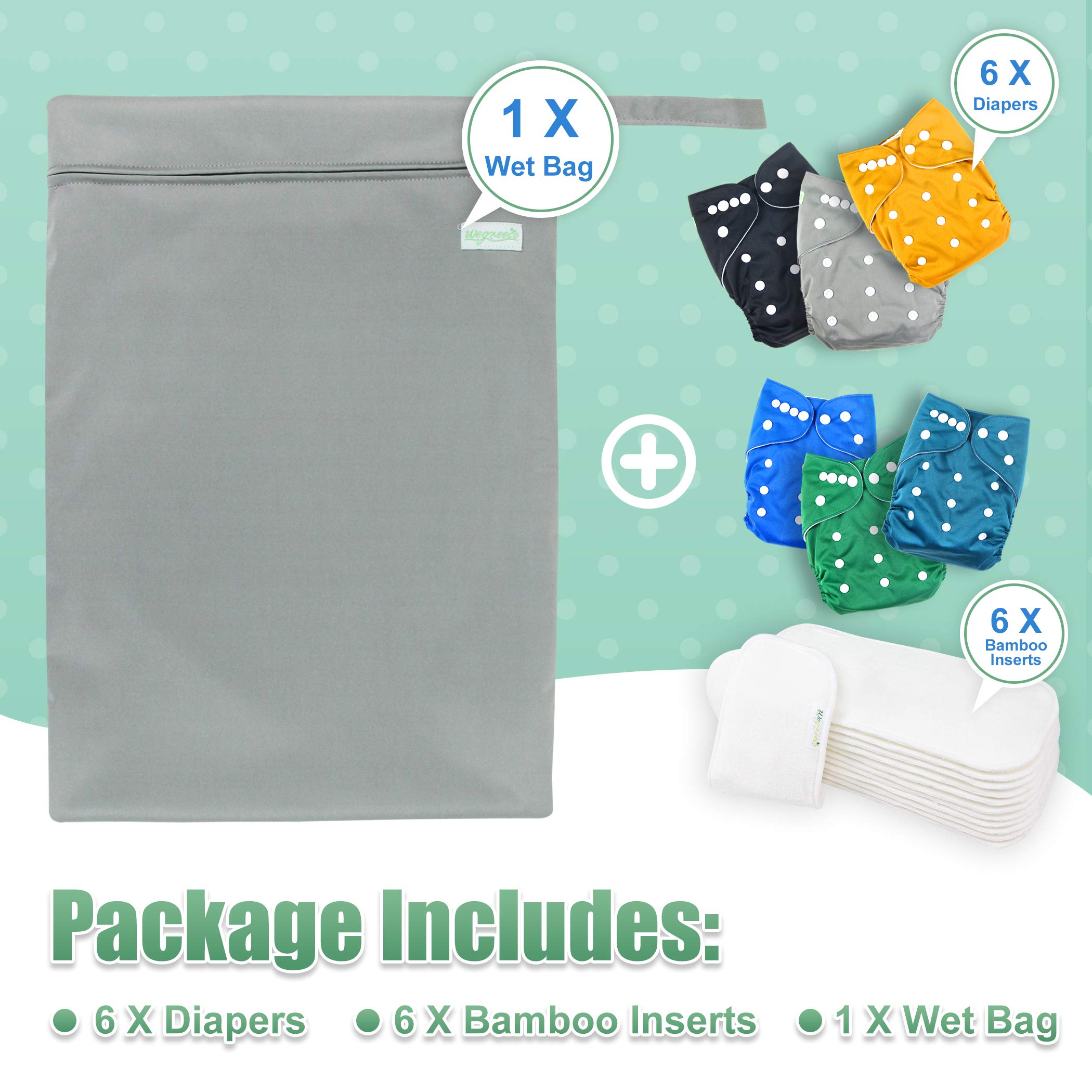 Resuable Baby Cloth Diapers, 6-Pack, 6 Inserts, 1 Wet Bag