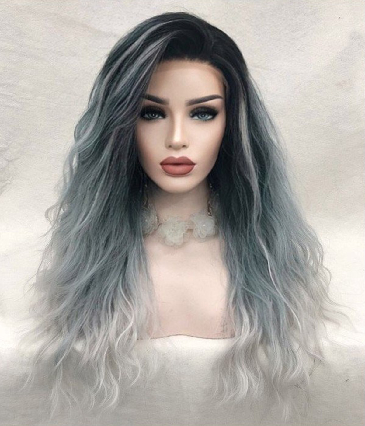13"X3" Ash Blue Gray Ombre with Dark Roots Long Wavy Synthetic Lace Front Wig